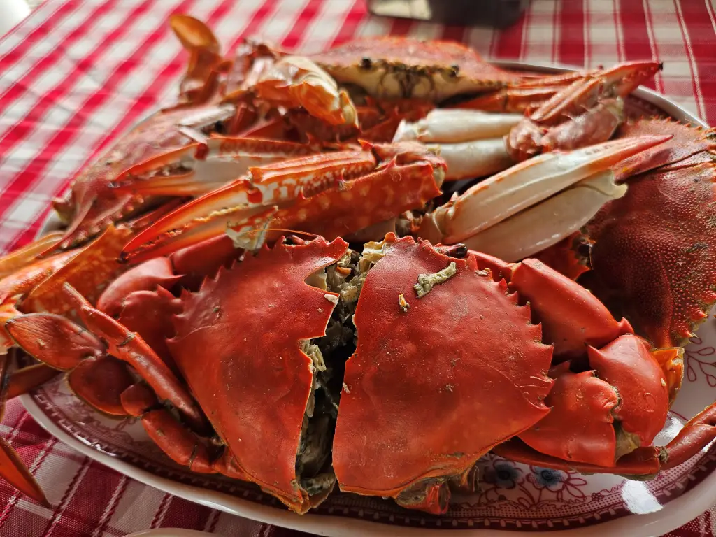 Platter of freshly steamed red crabs (Alimango) at floating restaurant