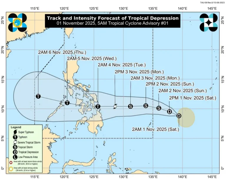 PAGASA forecast map showing the track of Typhoon Kalmaegi (Tino) approaching Cebu and the Visayas, issued November 1, 2025.