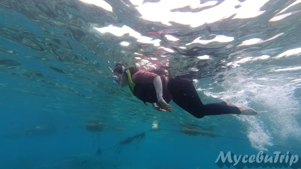 Side view of a woman swimming elegantly through the clear turquoise waters of Hilutungan Marine Sanctuary.