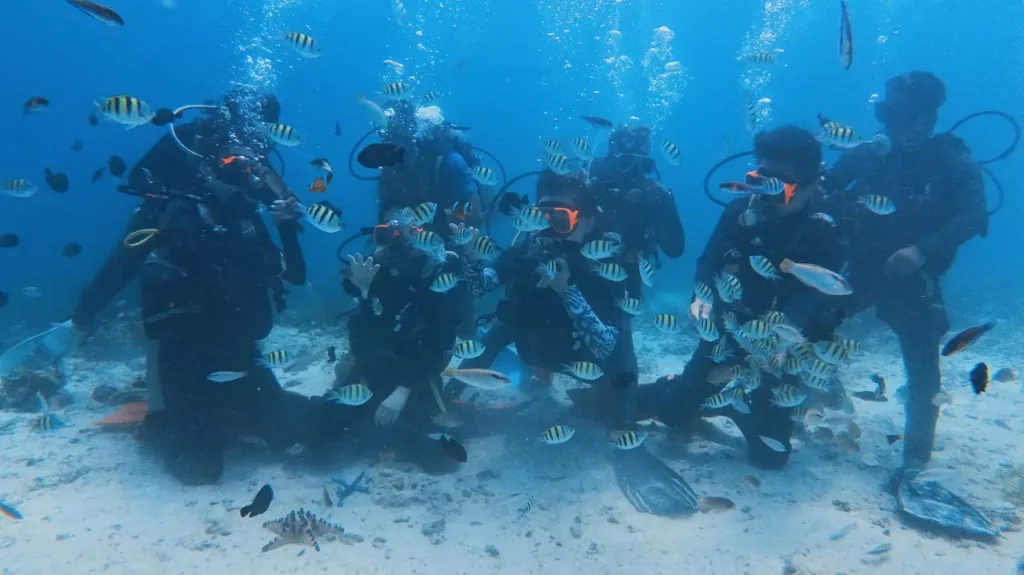 A group of tourists enjoying discovery scuba diving surrounded by tropical fish in Mactan waters with MyCebuTrip.