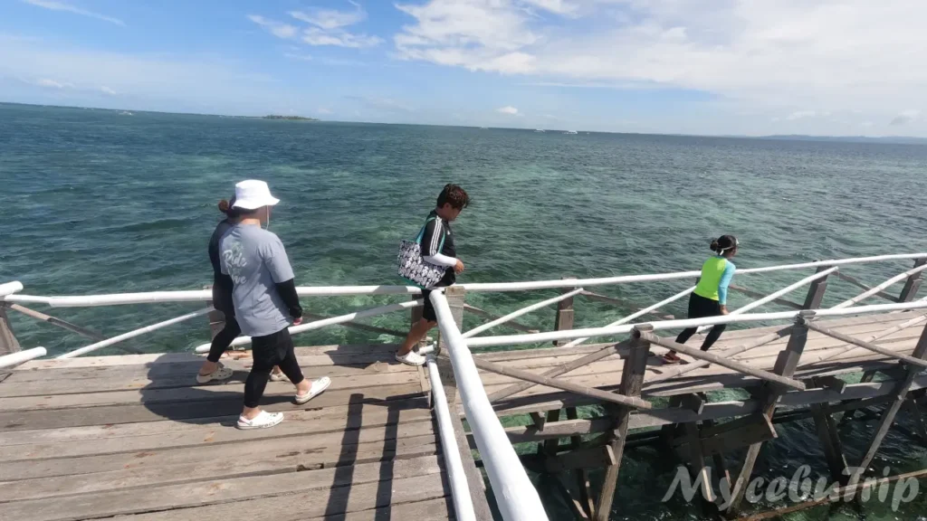 Tourists walking on the long wooden bridge at Nalusuan Island