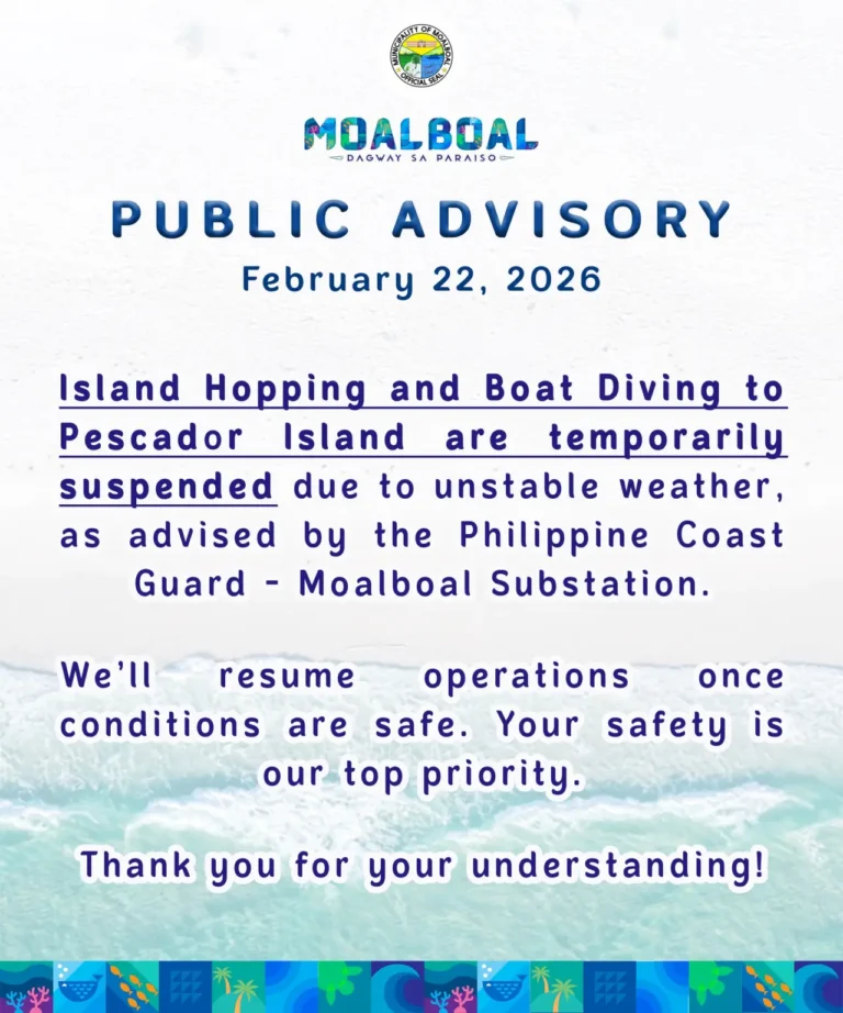 [Moalboal Advisory] Island Hopping & Boat Diving to Pescador Island Temporarily Suspended (February 22, 2026)