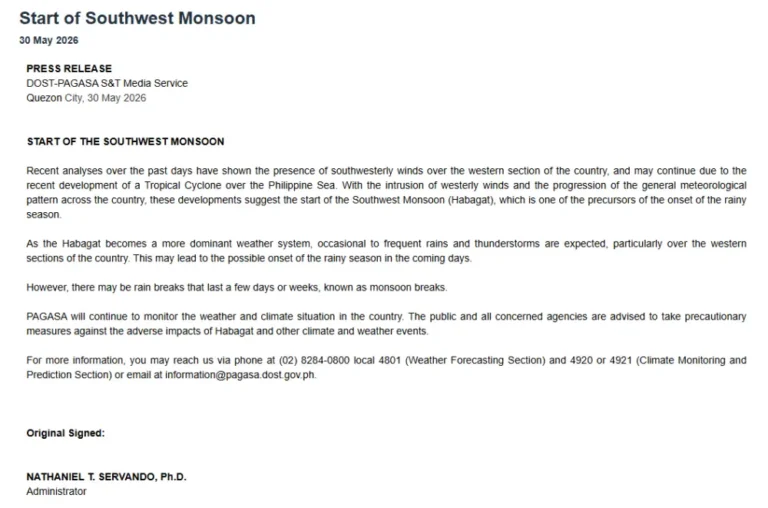 fficial press release from PAGASA on May 30, 2026, announcing the start of the Southwest Monsoon (Habagat) and the onset of the rainy season in the Philippines.