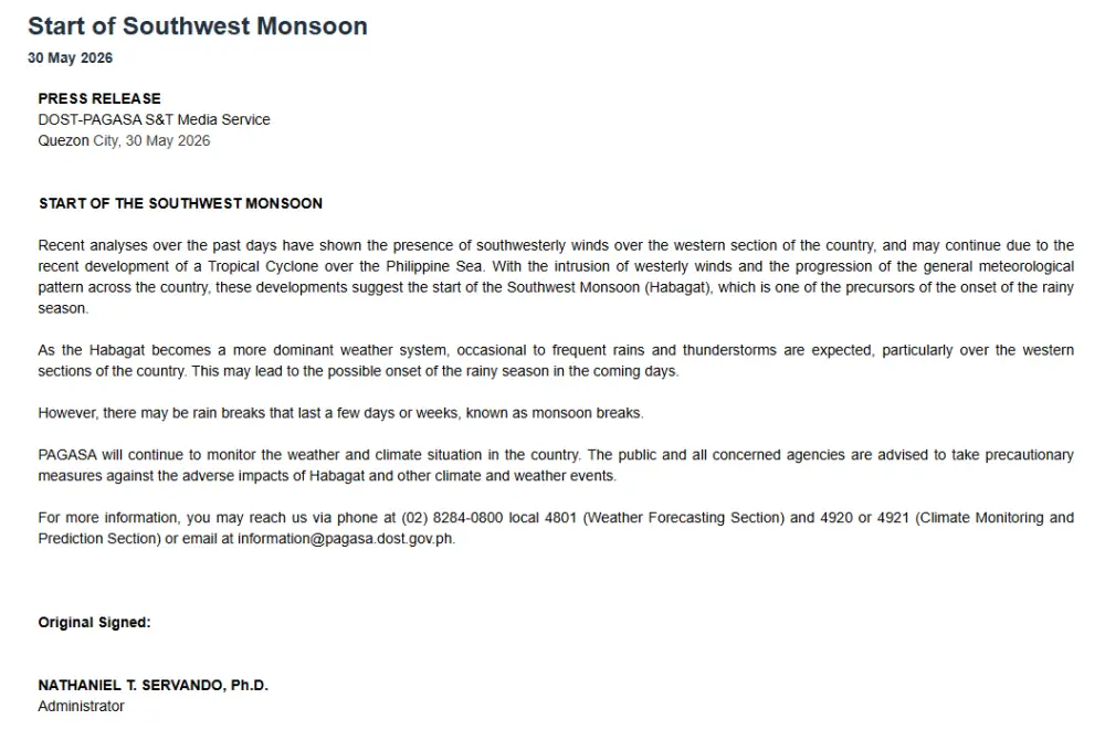 fficial press release from PAGASA on May 30, 2026, announcing the start of the Southwest Monsoon (Habagat) and the onset of the rainy season in the Philippines.